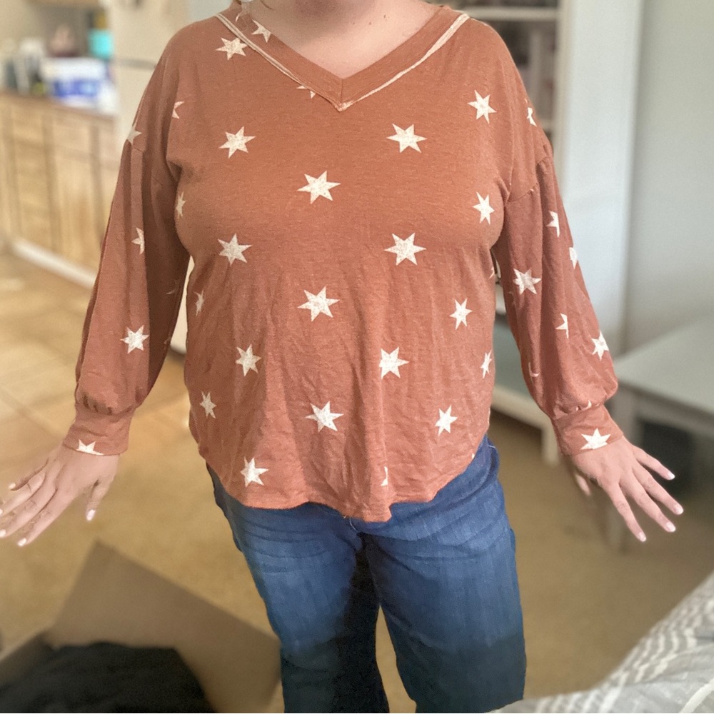 Boutique orange and white star lightweight long sleeve blouse, size 3X